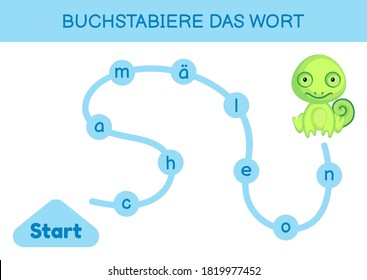 Buchstabiere das wort - Spell the word. Maze for kids. Spelling word game template. Learn to read word chameleon. Activity page for study German for development of children. Vector stock illustration.