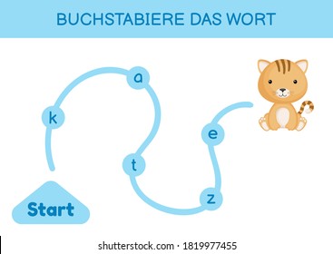 Buchstabiere das wort - Spell the word. Maze for kids. Spelling word game template. Learn to read word cat. Activity page for study German for development of children. Vector stock illustration.