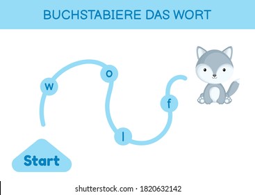 Buchstabiere das wort - Spell the word. Maze for kids. Spelling word game template. Learn to read word wolf. Activity page for study German for development of children. Vector stock illustration.