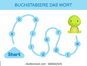 Buchstabiere das wort - Spell the word. Maze for kids. Spelling word game template. Learn to read word turtle. Activity page for study German for development of children. Vector stock illustration.