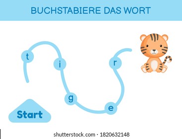 Buchstabiere das wort - Spell the word. Maze for kids. Spelling word game template. Learn to read word tiger. Activity page for study German for development of children. Vector stock illustration.