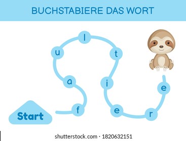 Buchstabiere das wort - Spell the word. Maze for kids. Spelling word game template. Learn to read word sloth. Activity page for study German for development of children. Vector stock illustration.