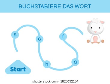 Buchstabiere das wort - Spell the word. Maze for kids. Spelling word game template. Learn to read word sheep. Activity page for study German for development of children. Vector stock illustration.