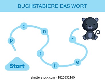 Buchstabiere das wort - Spell the word. Maze for kids. Spelling word game template. Learn to read word panther. Activity page for study German for development of children. Vector stock illustration.