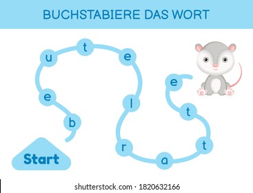 Buchstabiere das wort - Spell the word. Maze for kids. Spelling word game template. Learn to read word opossum. Activity page for study German for development of children. Vector stock illustration.