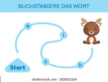 Buchstabiere das wort - Spell the word. Maze for kids. Spelling word game template. Learn to read word moose. Activity page for study German for development of children. Vector stock illustration.