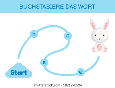 Buchstabiere das wort - Spell the word. Maze for kids. Spelling word game template. Learn to read word hare. Activity page for study German for development of children. Vector stock illustration.