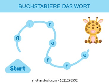 Buchstabiere das wort - Spell the word. Maze for kids. Spelling word game template. Learn to read word giraffe. Activity page for study German for development of children. Vector stock illustration.