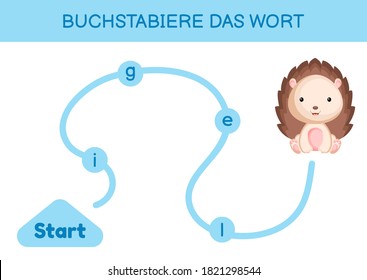 Buchstabiere das wort - Spell the word. Maze for kids. Spelling word game template. Learn to read word hedgehog. Activity page for study German for development of children. Vector stock illustration.