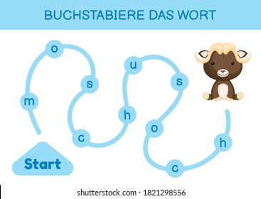 Buchstabiere das wort - Spell the word. Maze for kids. Spelling word game template. Learn to read word musk ox. Activity page for study German for development of children. Vector stock illustration.