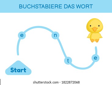 Buchstabiere das wort - Spell the word. Maze for kids. Spelling word game template. Learn to read word duck. Activity page for study German for development of children. Vector stock illustration.