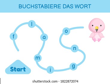 Buchstabiere das wort - Spell the word. Maze for kids. Spelling word game template. Learn to read word flamingo. Activity page for study German for development of children. Vector stock illustration.