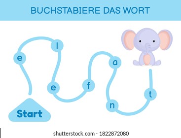 Buchstabiere das wort - Spell the word. Maze for kids. Spelling word game template. Learn to read word elephant. Activity page for study German for development of children. Vector stock illustration.