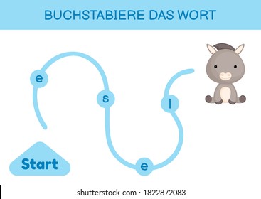 Buchstabiere das wort - Spell the word. Maze for kids. Spelling word game template. Learn to read word donkey. Activity page for study German for development of children. Vector stock illustration.