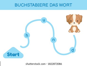 Buchstabiere das wort - Spell the word. Maze for kids. Spelling word game template. Learn to read word dog. Activity page for study German for development of children. Vector stock illustration.