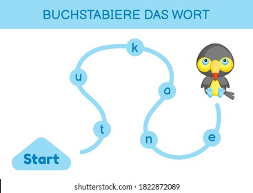 Buchstabiere das wort - Spell the word. Maze for kids. Spelling word game template. Learn to read word toucan. Activity page for study German for development of children. Vector stock illustration.