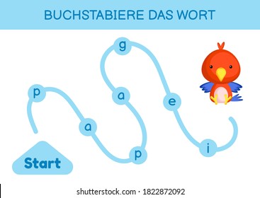 Buchstabiere das wort - Spell the word. Maze for kids. Spelling word game template. Learn to read word parrot. Activity page for study German for development of children. Vector stock illustration.