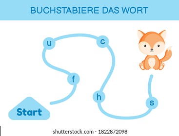 Buchstabiere das wort - Spell the word. Maze for kids. Spelling word game template. Learn to read word fox. Activity page for study German for development of children. Vector stock illustration.