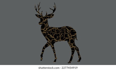 Buck deer fauna horns decorative with golden flower pattern, Isolated black color buck deer with elegant golden flower pattern.