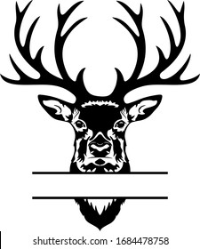 Buck head, Deer monogram, Isolated vintage illustration, Wild animal, Black buch head, Simple deer head vector, Big Antlers, Monograms,  Black and white silhouette isolated