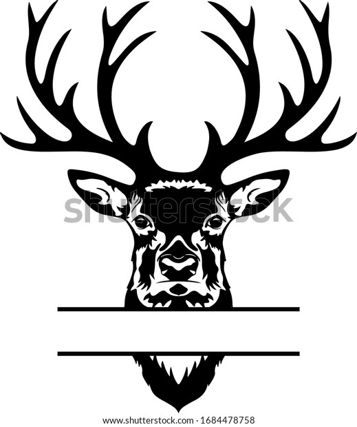 Buck head, Deer\
monogram, Isolated vintage illustration, Wild animal, Black buch\
head, Simple deer head vector, Big Antlers, Monograms,  Black and\
white silhouette isolated