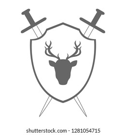 Buck head on shield and two crossed rapiers. Vector icon.