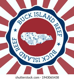 Buck Island Reef Badge. Round logo of island with triangular mesh map and radial rays. EPS10 Vector.