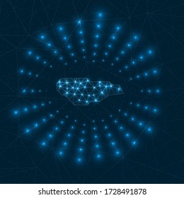 Buck Island Reef digital map. Glowing rays radiating from the island. Network connections and telecommunication design. Vector illustration.