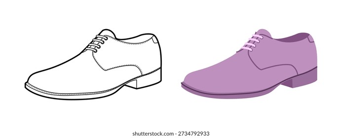 Buck mens purple flat plus line shoe set. Casual derby footwear with contrast sole preppy campus style. Technical illustration CAD mockup sketch vector women unisex outline isolated.