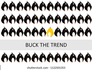 Buck the trend. A group of black penguins with one in a different color. Flat vector.