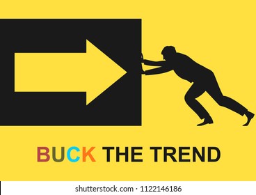 Buck the trend. Man pushing a box with an arrow. Flat vector.