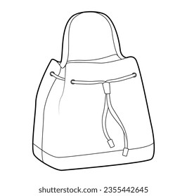 Silueta del cubo de la bolsa de la hebilla con cierre de la cuerda floja. Ilustración técnica de accesorios de moda. Vista frontal del vector 3-4 para hombres, mujeres, estilo unisex, bolso plano modelo de dibujo CAD