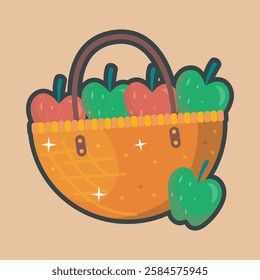 bucket of apples with outline flat vector design.