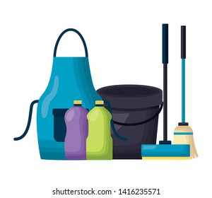 bucket apron broom bottles squeegee spring cleaning tools vector illustration