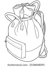 Bucket backpack flat sketch vector illustration technical cad drawing template