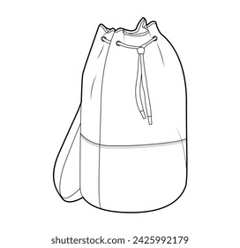 Eimer Rucksack Silhouette Kordelzug Tasche. Fashion Accessoire Technische Illustration. Vector Schultasche 3-4 Ansicht für Männer, Frauen, Unisex-Stil, flache Handtasche CAD Mockup Skizze isoliert