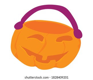 a bucket or bag of candies for Halloween in the form of a Jack Lantern pumpkin. ginger orange pumpkin with carved mouth and eyes. purple bag handle. children's stylish toy. vector. dooddle isolate