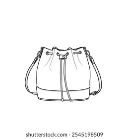 Bucket bag and purses for women drawstring hobo shoulder handbag with detachable straps flat sketch fashion illustration drawing template mock-up vector line art. Isolated on a white background.