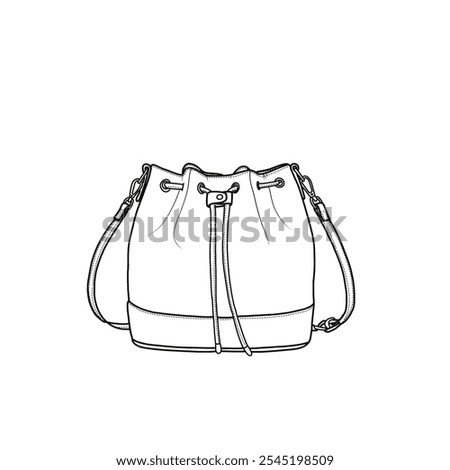 Bucket bag and purses for women drawstring hobo shoulder handbag with detachable straps flat sketch fashion illustration drawing template mock-up vector line art. Isolated on a white background.