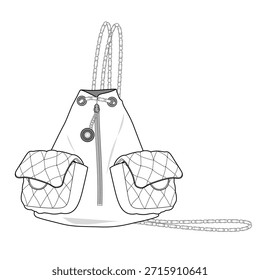 Bucket bag technical flat drawing vector mockup illustration.