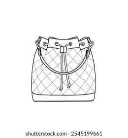 Bolsa de balde para mulheres, cordão crossbody hobo, bolsa de ombro com alças destacáveis desenho modelo mock-up vetor line art. Isolado em um fundo branco.