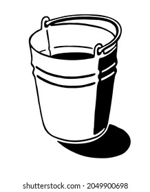 Bucket. Black and white illustration of bucket. Garden element. Agricultural implement. Vector isolated on white background.