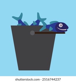 Bucket with blue fish inside, fishing time concept