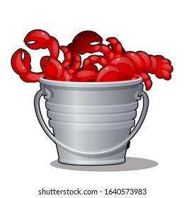 Bucket of boiled crayfish isolated on a white background. Vector cartoon close-up illustration