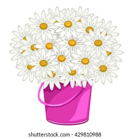 A bucket with a bouquet of daisies. Vector illustration.