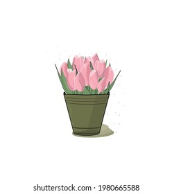 Bucket and bouquet of tulip.Sping flowers.Gute springtime flat hand drawn cartoon style vector illustration isolated on white background.For wapping paper,textile print,banner,greeting card.