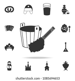 bucket with broom for bath icon. Detailed set of Russian culture icons. Premium graphic design. One of the collection icons for websites, web design, mobile app on white background