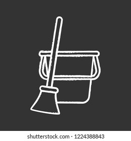 Bucket and broom chalk icon. Sweeping. Floor cleaning. Isolated vector chalkboard illustration