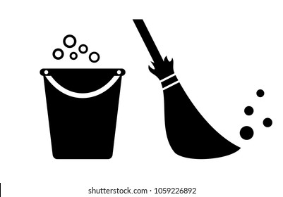 Bucket and broom cleaning vector icon illustration isolated on white background