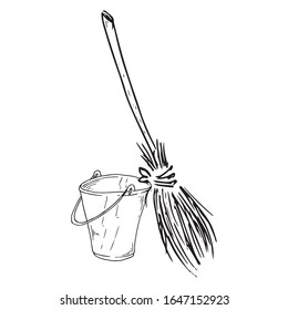 Bucket and broom icon. Vector illustration of a broom with a bucket for cleaning.